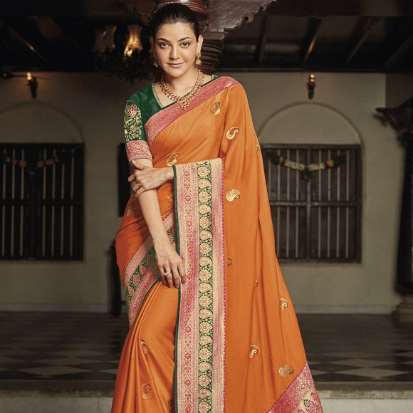 JHEAPS PAPAYA ORANGE ZARI WOVEN PAITHANI SILK SAREE WITH DESIGNER BLOUSE - Picture 1 of 5